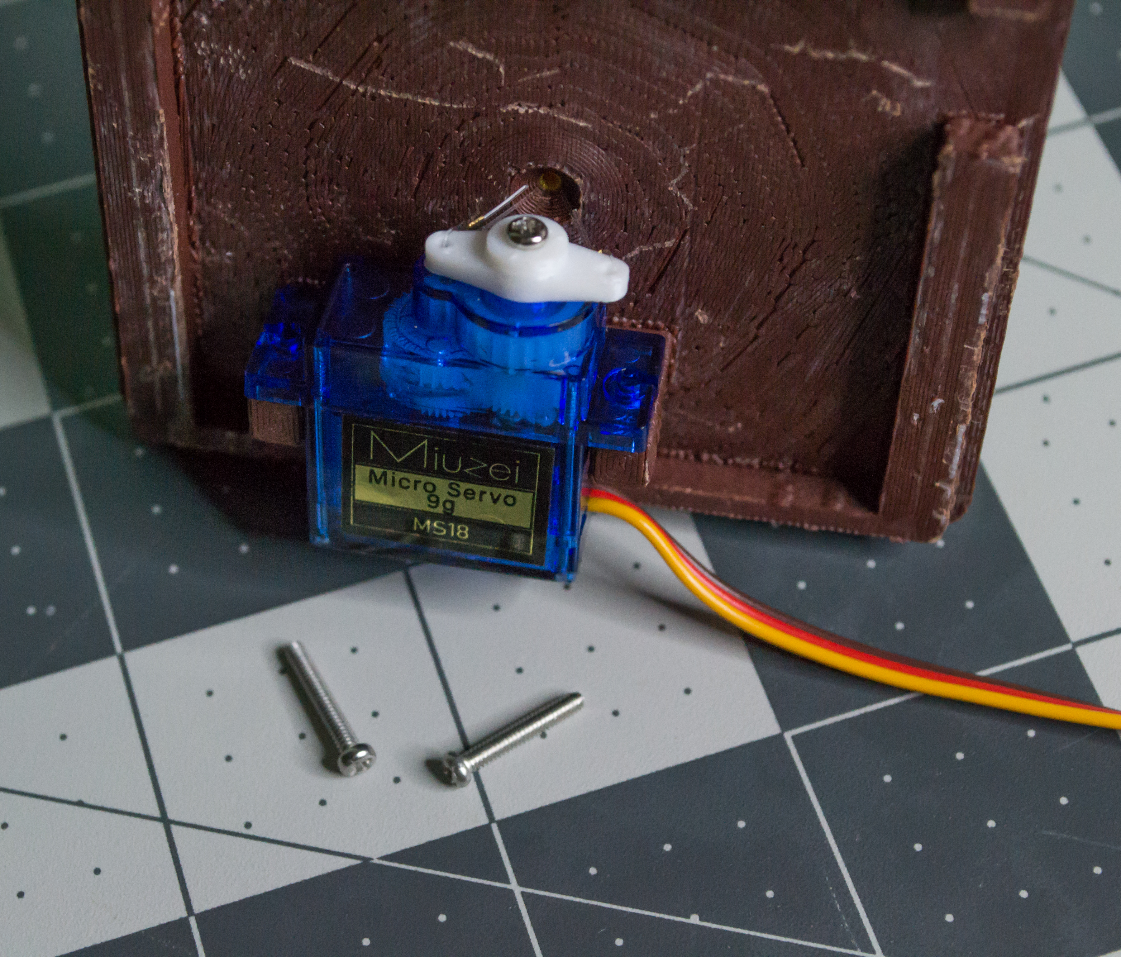 Showing two M2, 12 mm screws ready to attach the servo on VintageScale.