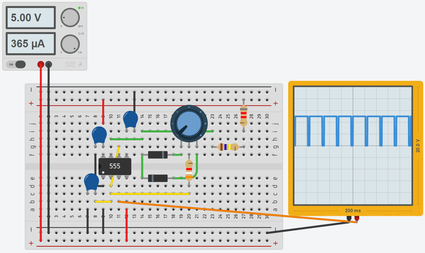 555 astable timer circuit creating a high-duty-cycle PWM signal with the potentiometer near 0 Ω.