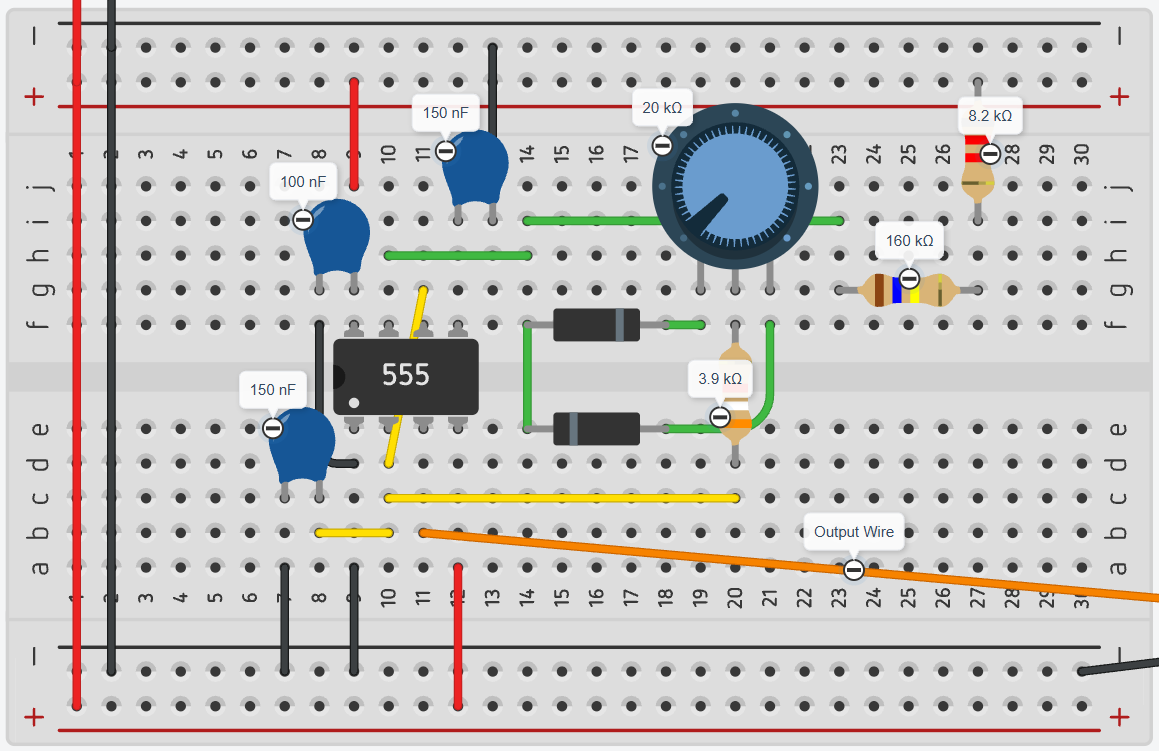 Close-up of the 555 astable timer circuit with resistor, potentiometer, and capacitor values shown.