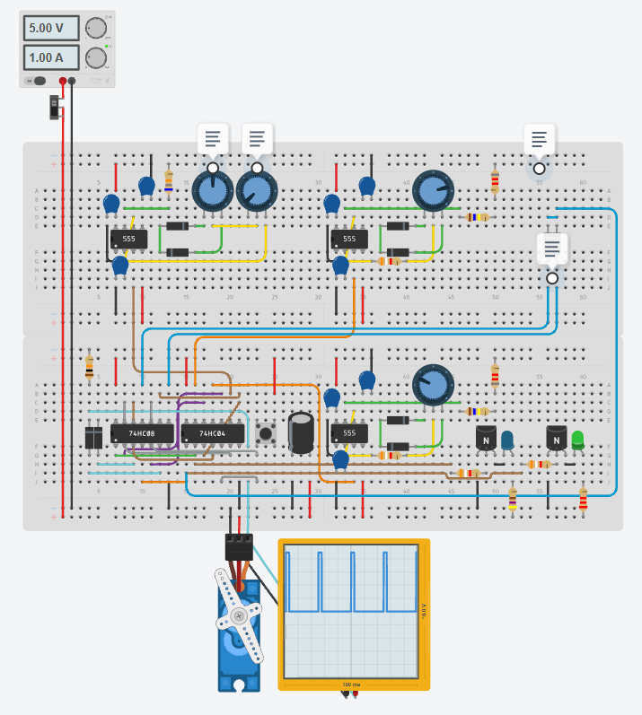 Tinkercad simulation of the TwoPositionServo controller board.