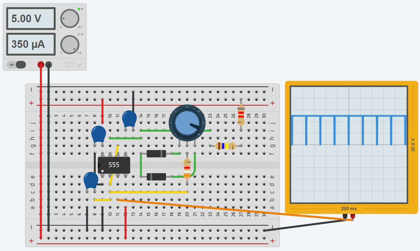 555 astable timer circuit creating a high-duty-cycle PWM signal with the potentiometer near 20 kΩ.